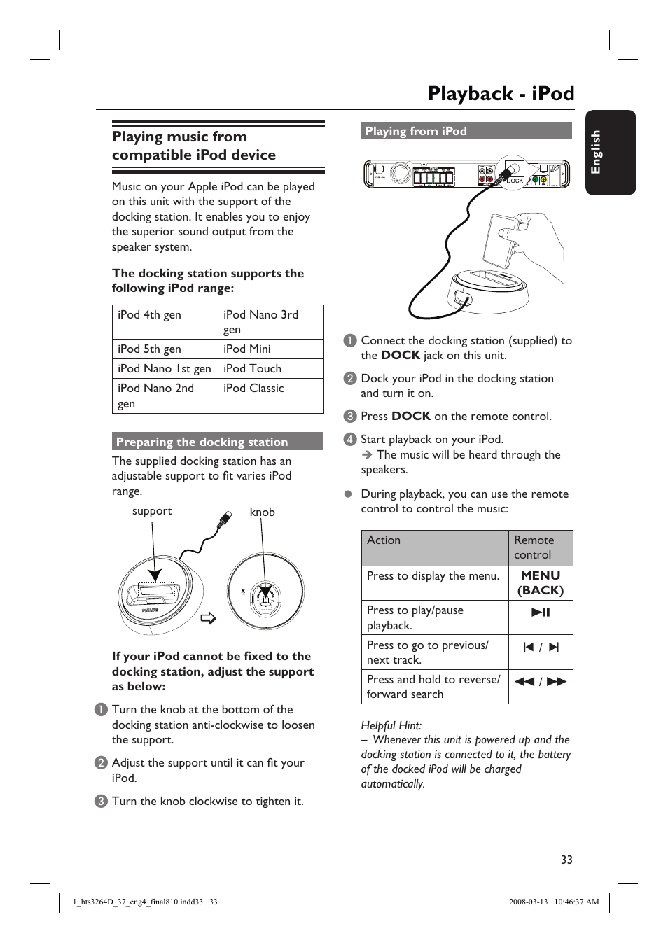 Playback - ipod, Playing music from compatible ipod device | Philips HTS3264D-37B User Manual | Page 33 / 55