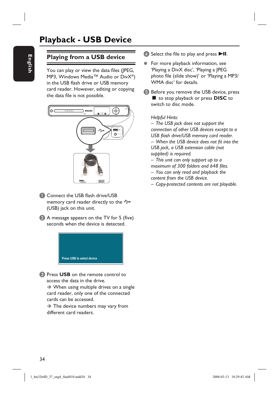 Playback - usb device, Playing from a usb device | Philips HTS3264D-37B User Manual | Page 34 / 55