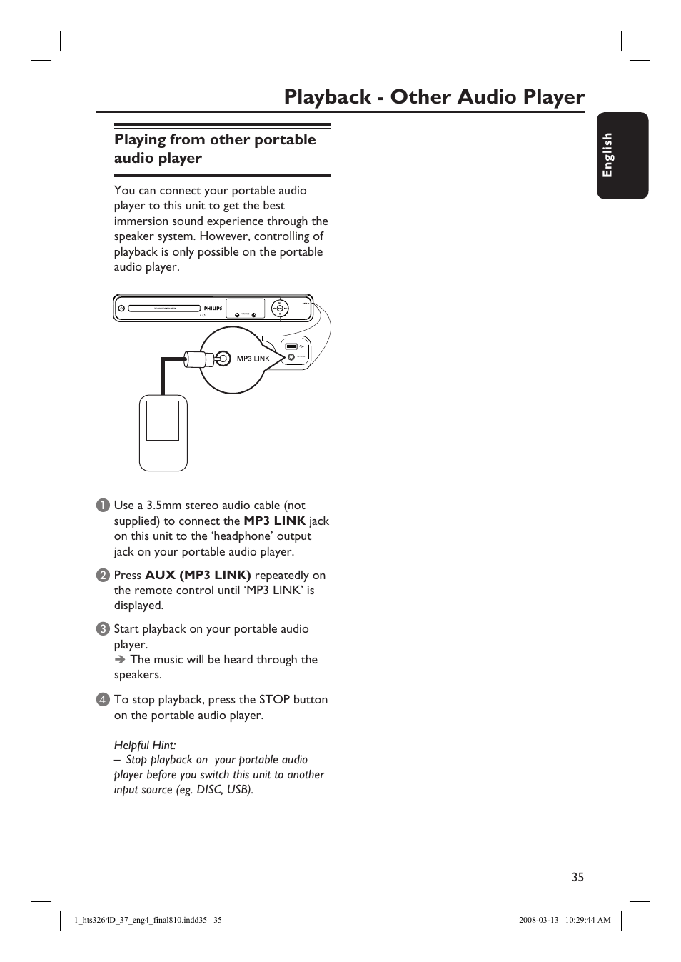 Playback - other audio player, Playing from other portable audio player | Philips HTS3264D-37B User Manual | Page 35 / 55