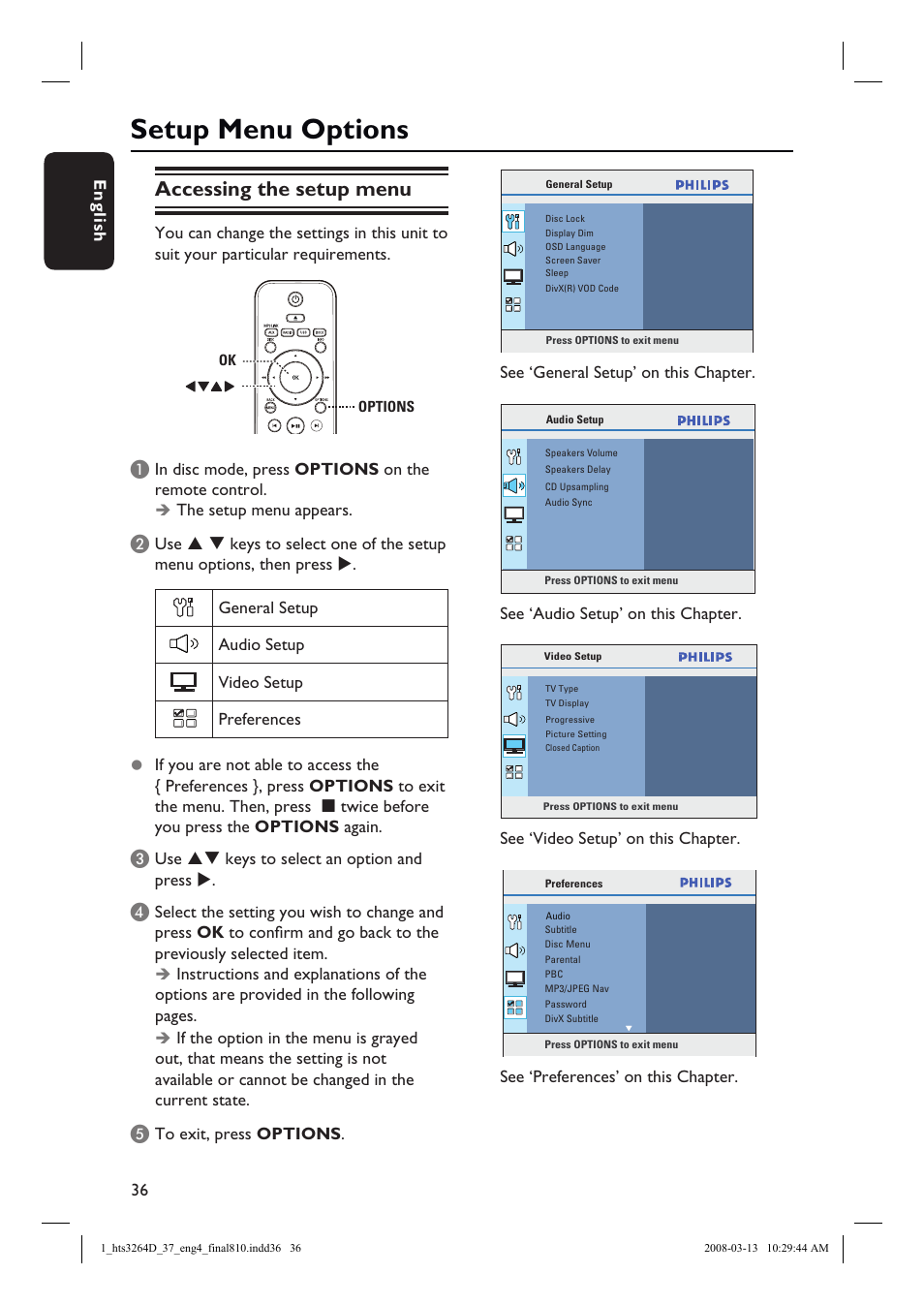 Setup menu options, Accessing the setup menu | Philips HTS3264D-37B User Manual | Page 36 / 55