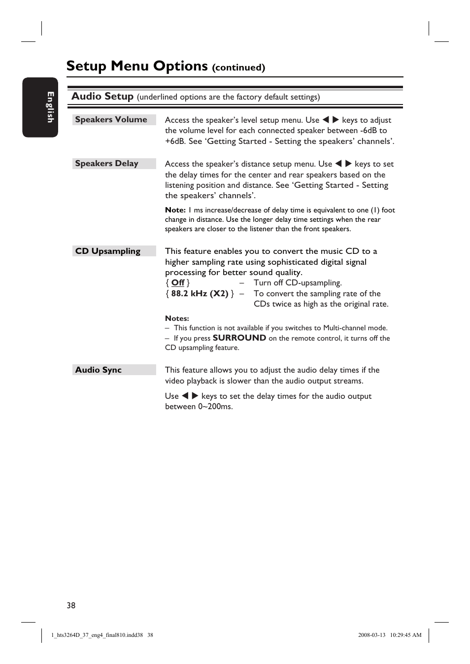 Setup menu options, Audio setup | Philips HTS3264D-37B User Manual | Page 38 / 55