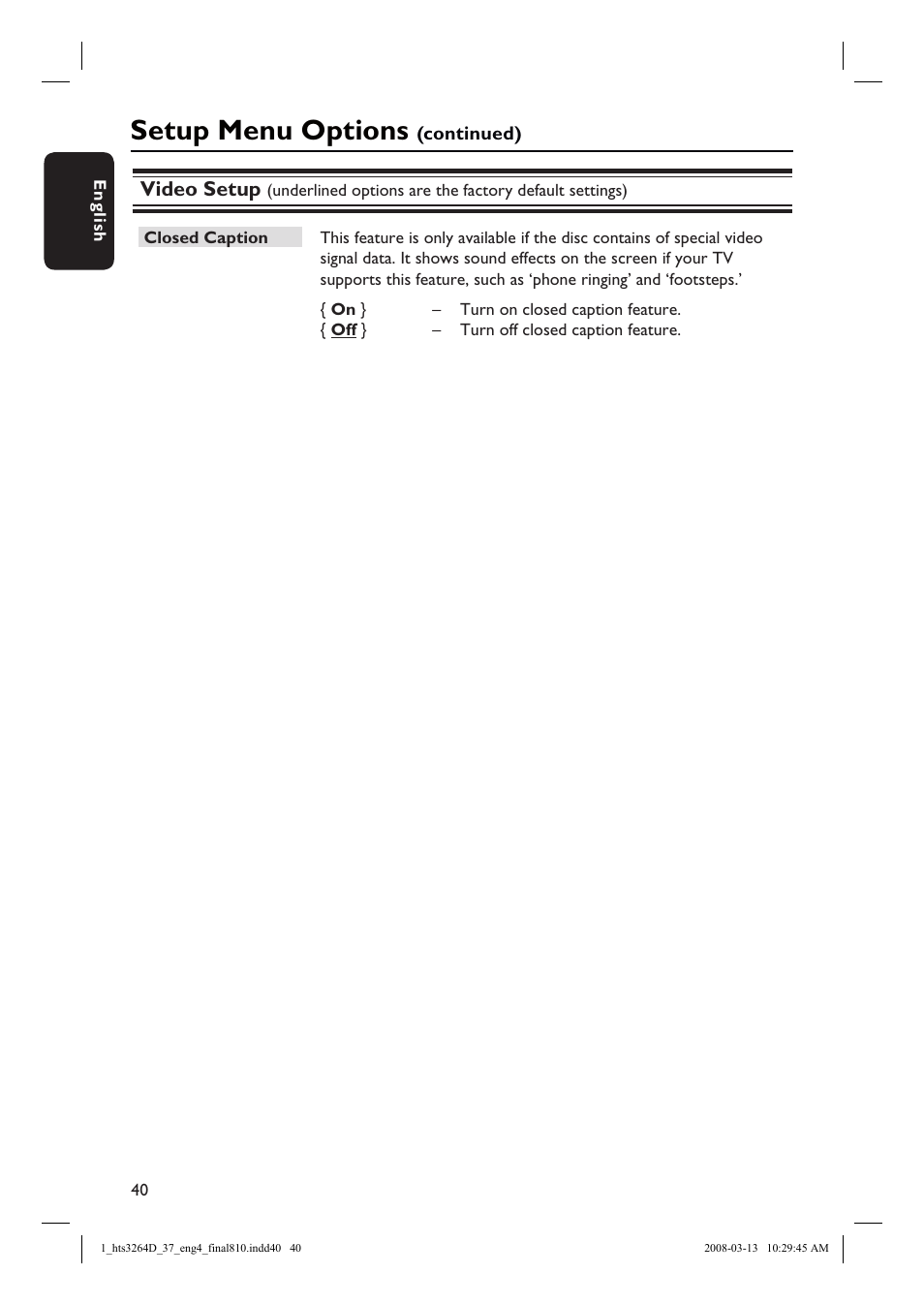 Setup menu options, Video setup | Philips HTS3264D-37B User Manual | Page 40 / 55