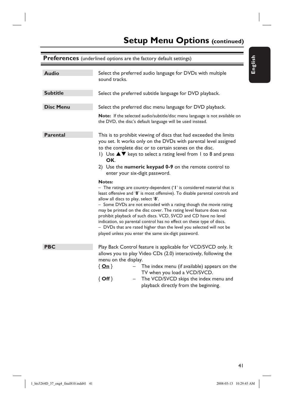 Setup menu options, Preferences | Philips HTS3264D-37B User Manual | Page 41 / 55