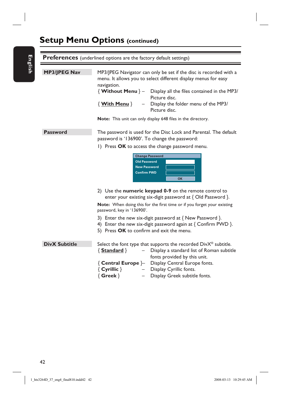 Setup menu options, Preferences | Philips HTS3264D-37B User Manual | Page 42 / 55
