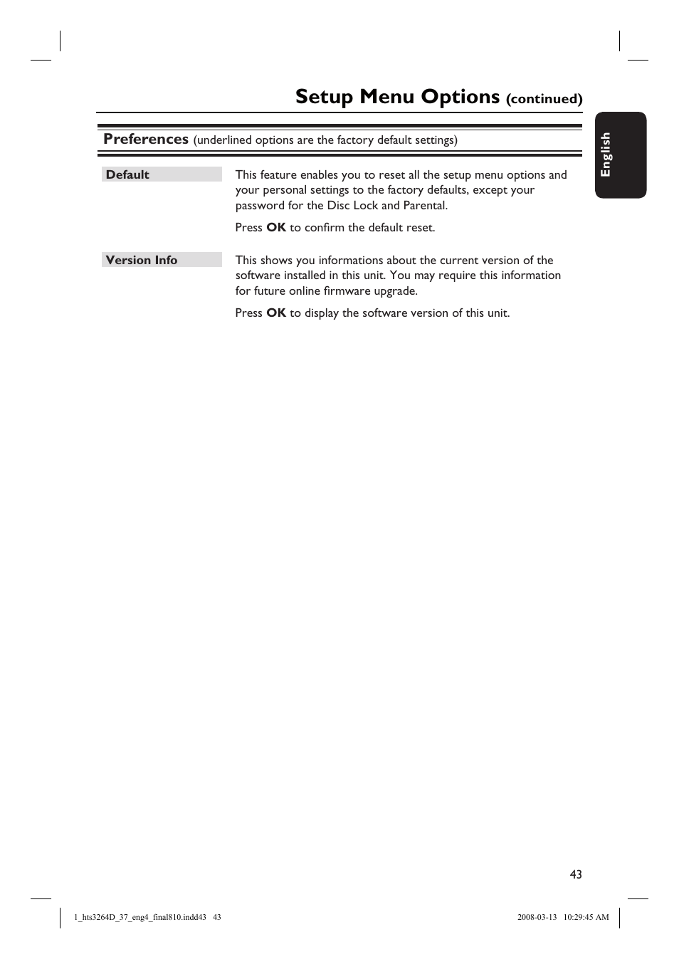 Setup menu options, Preferences | Philips HTS3264D-37B User Manual | Page 43 / 55