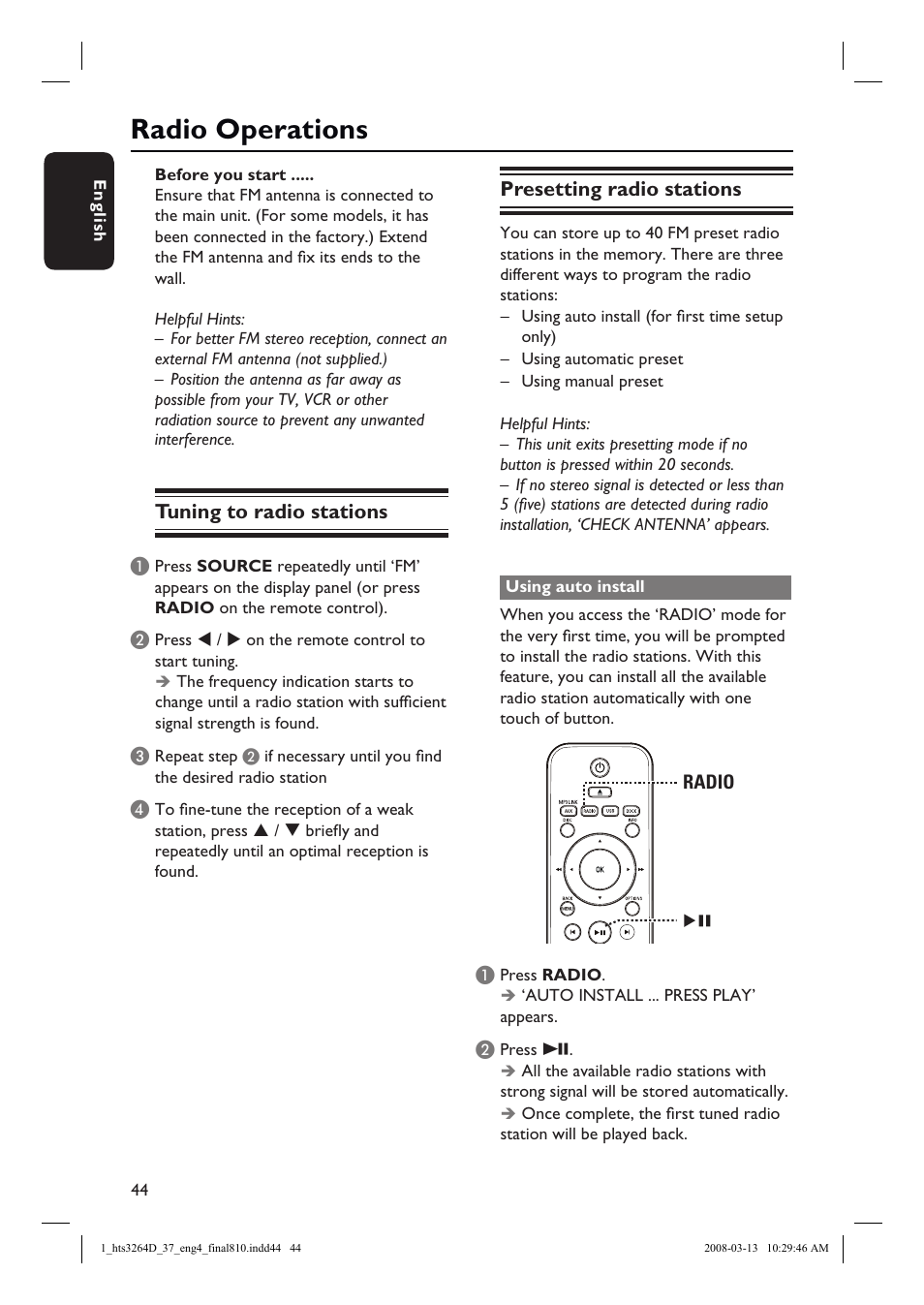 Radio operations, Tuning to radio stations, Presetting radio stations | Philips HTS3264D-37B User Manual | Page 44 / 55