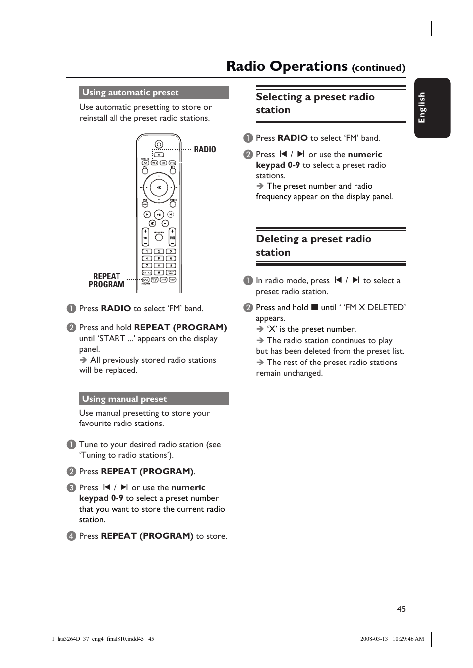 Radio operations, Selecting a preset radio station, Deleting a preset radio station | Philips HTS3264D-37B User Manual | Page 45 / 55
