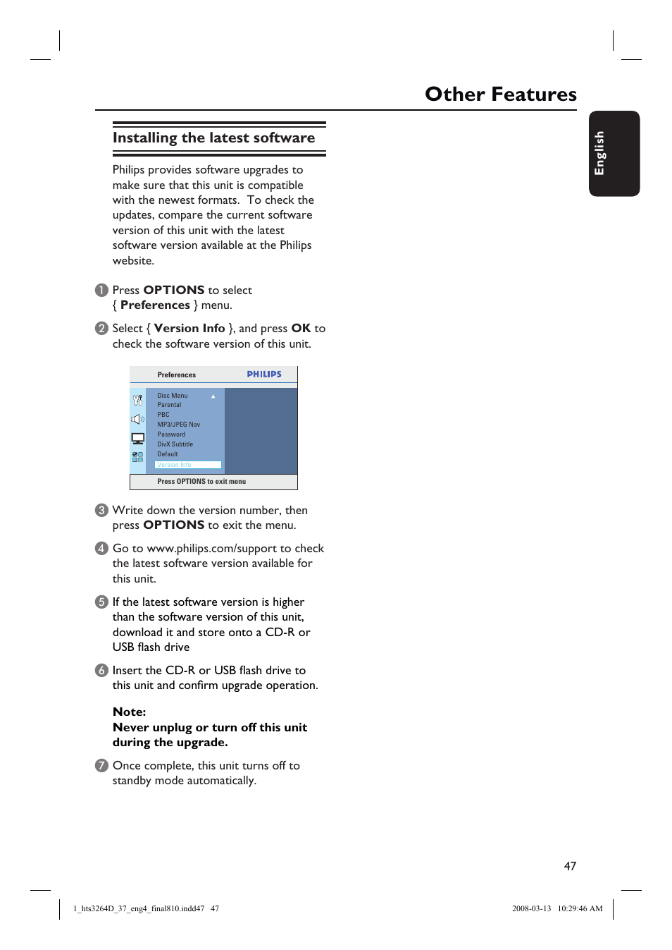 Other features, Installing the latest software | Philips HTS3264D-37B User Manual | Page 47 / 55