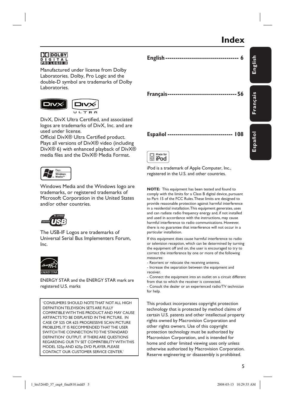 Index | Philips HTS3264D-37B User Manual | Page 5 / 55