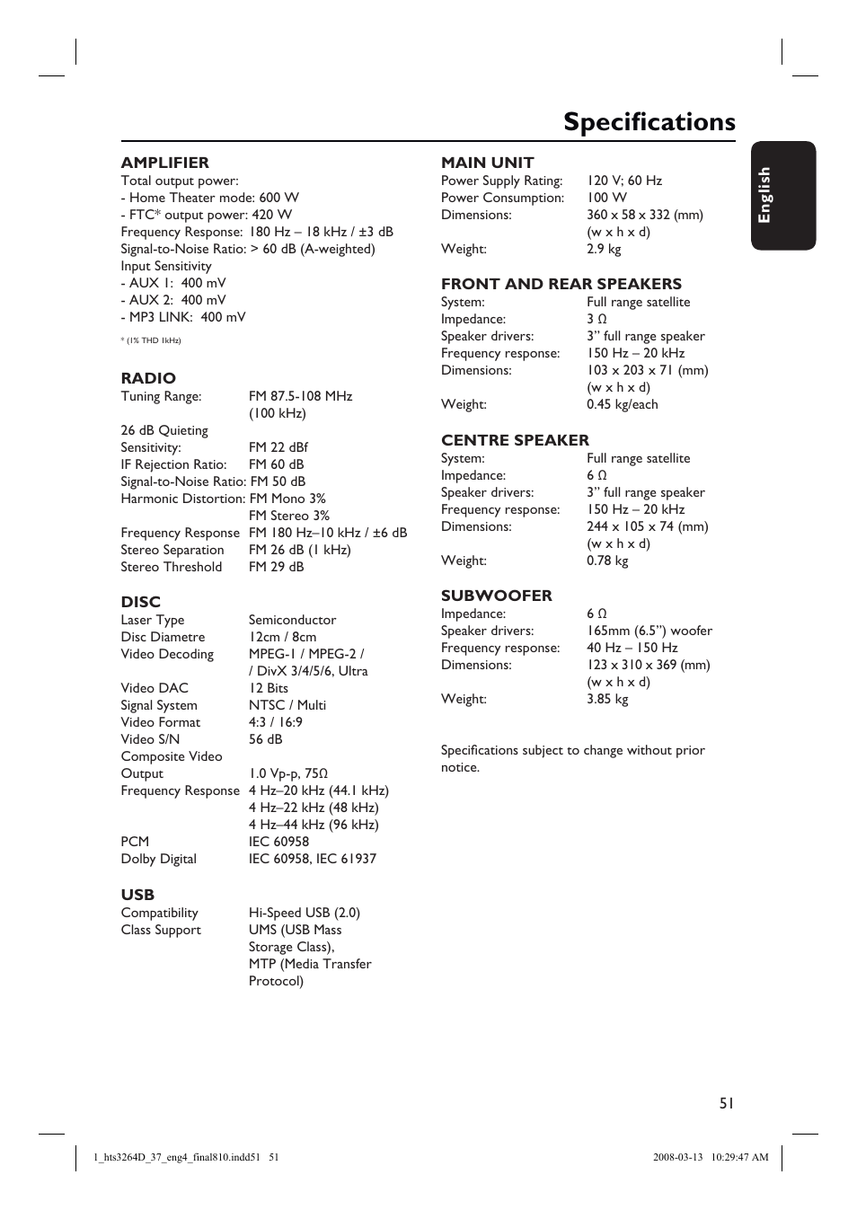 Specifi cations | Philips HTS3264D-37B User Manual | Page 51 / 55