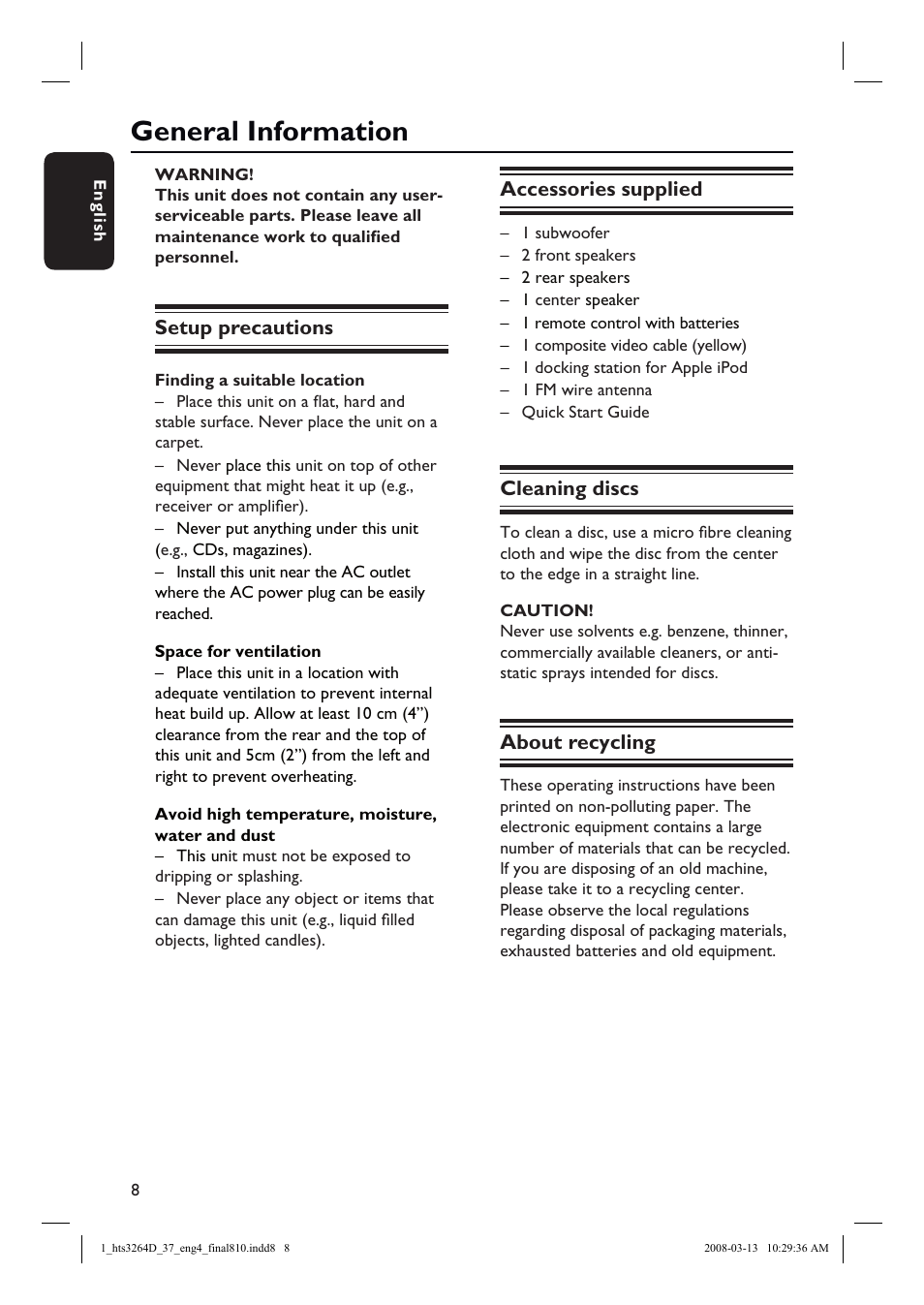 General information, Setup precautions, Accessories supplied | Cleaning discs, About recycling | Philips HTS3264D-37B User Manual | Page 8 / 55