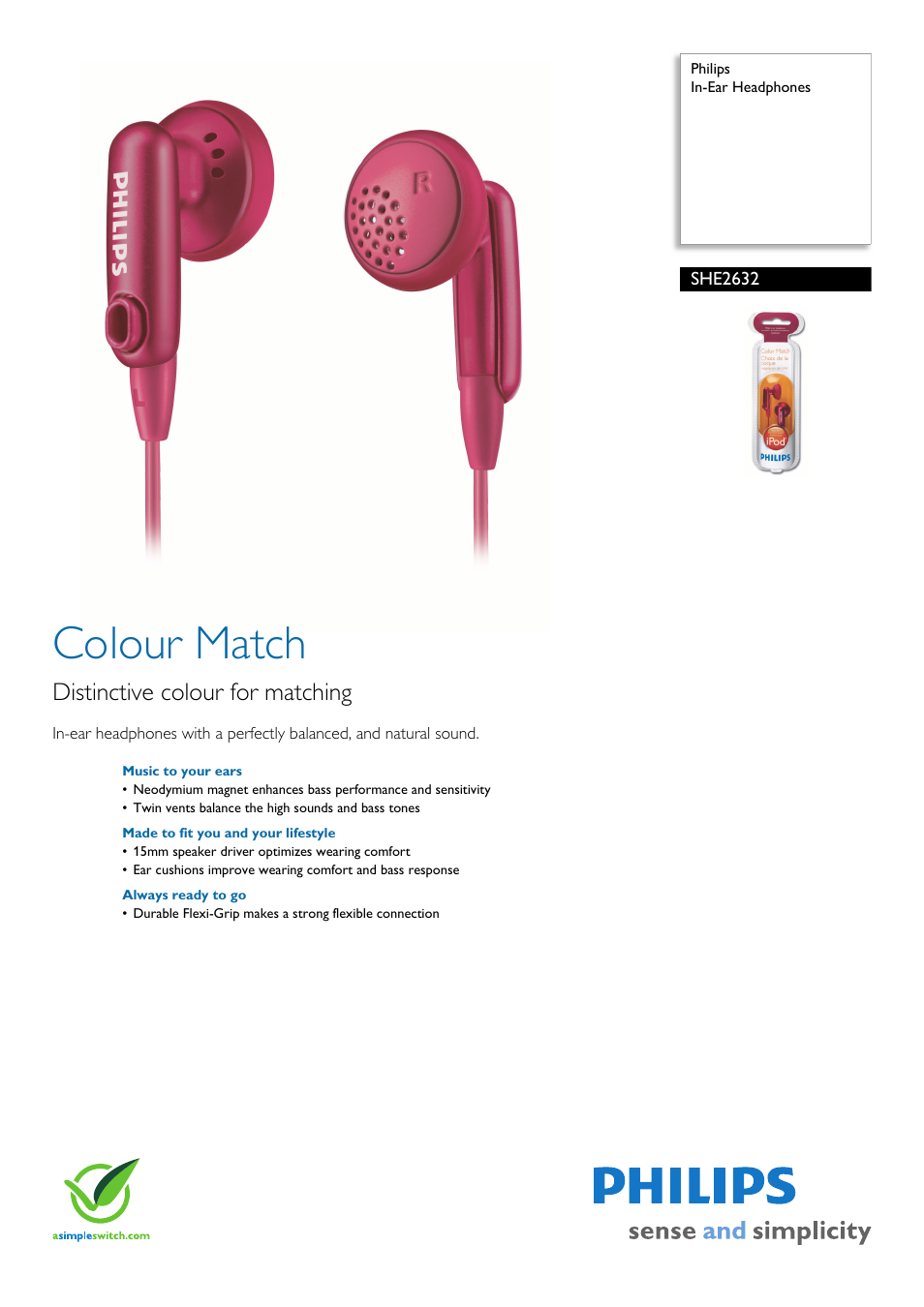 Philips In-Ear Headphones SHE2632 User Manual | 2 pages