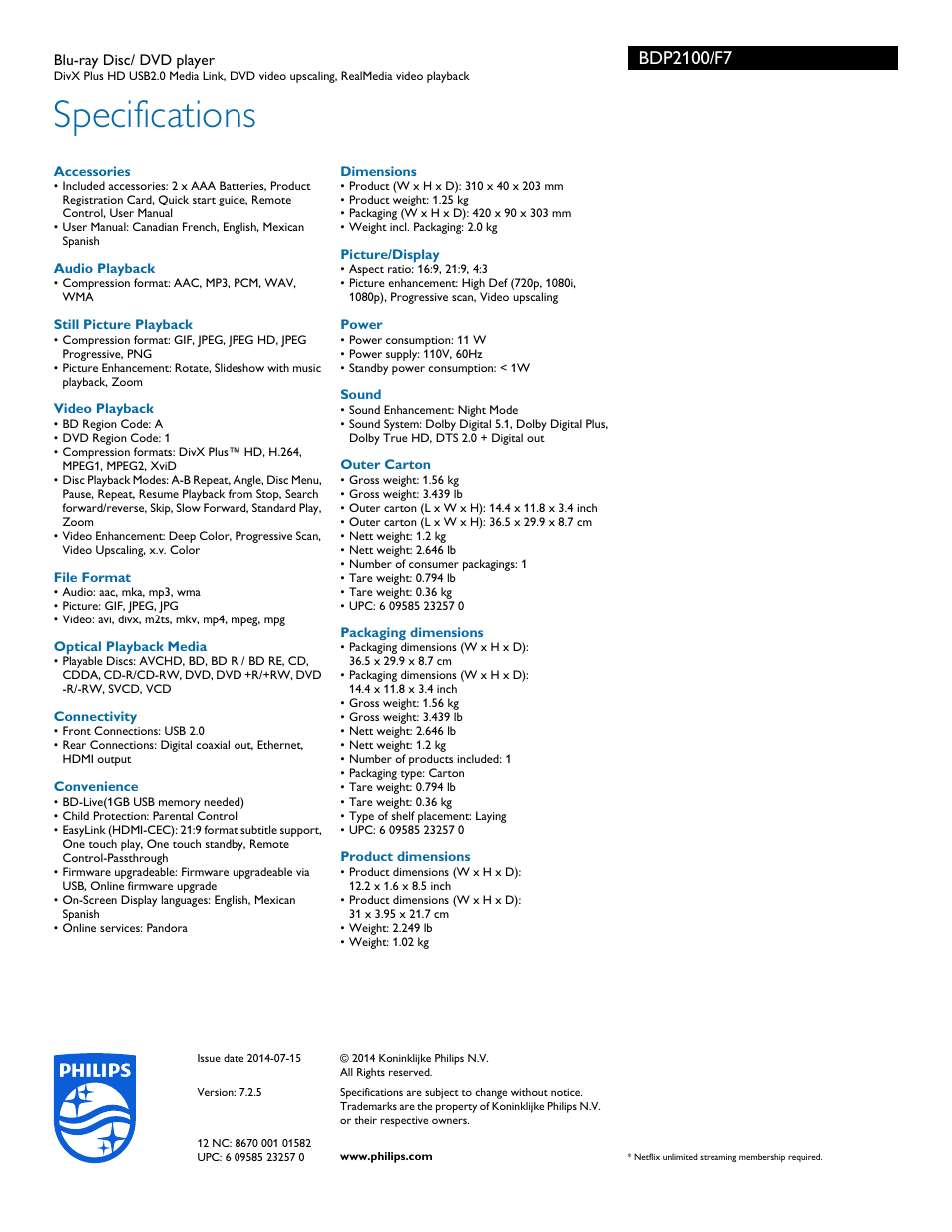 Specifications | Philips BDP2100-F7 User Manual | Page 3 / 3