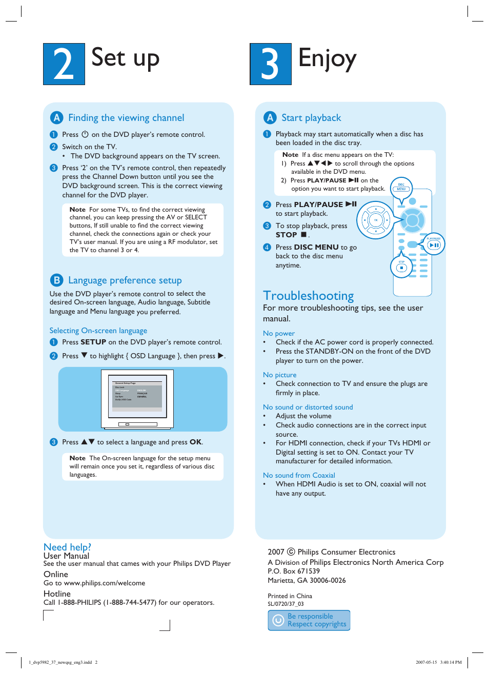 Enjoy, Set up, Troubleshooting | Finding the viewing channel, Language preference setup, Start playback, Need help | Philips DVP5982C1-37B User Manual | Page 2 / 2