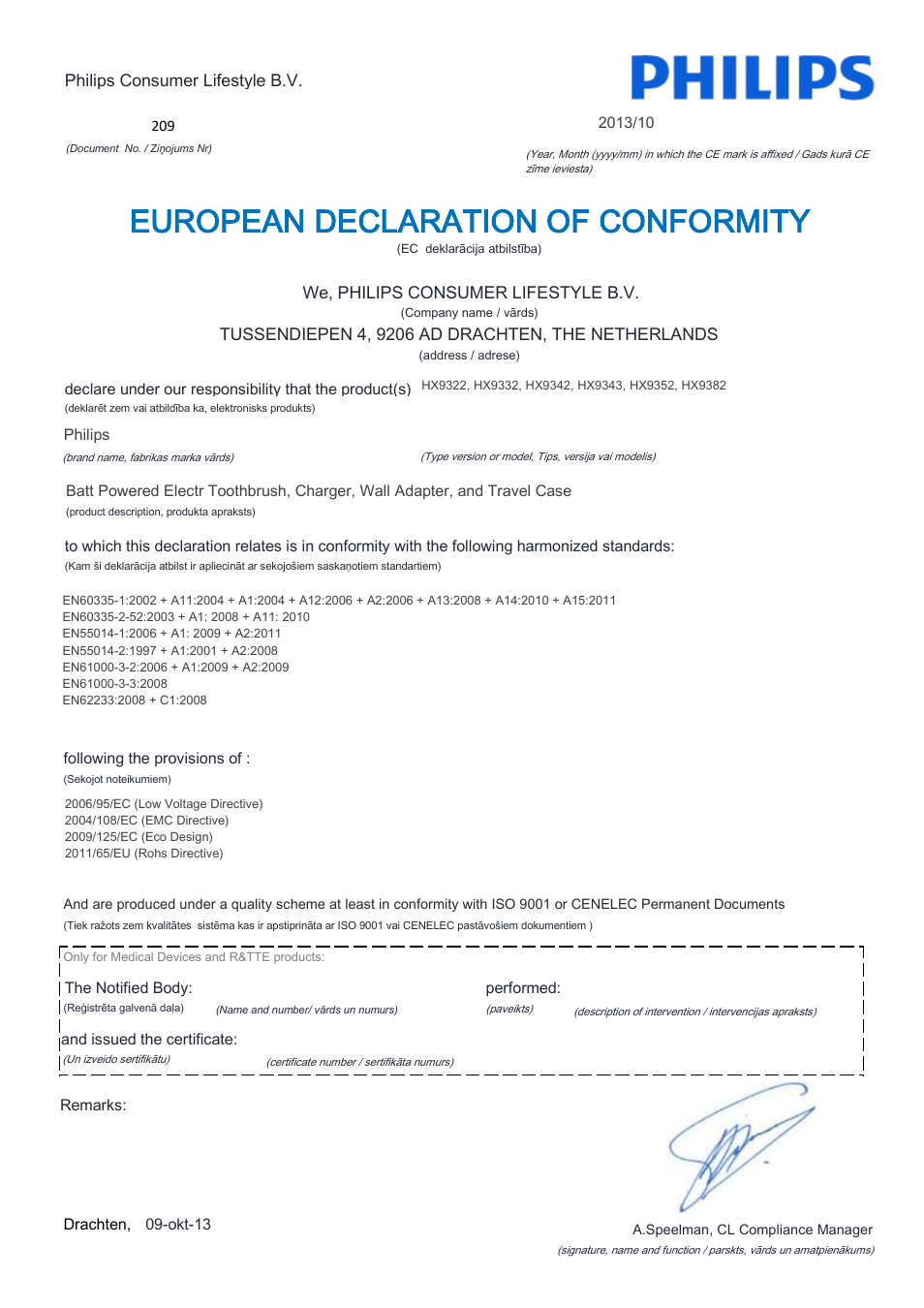 European declaration of conformity | Philips Sonicare DiamondClean Rechargeable sonic toothbrush HX9352-04 5 modes 2 brush heads Glass charger travel case Limited Black Edition User Manual | Page 12 / 22