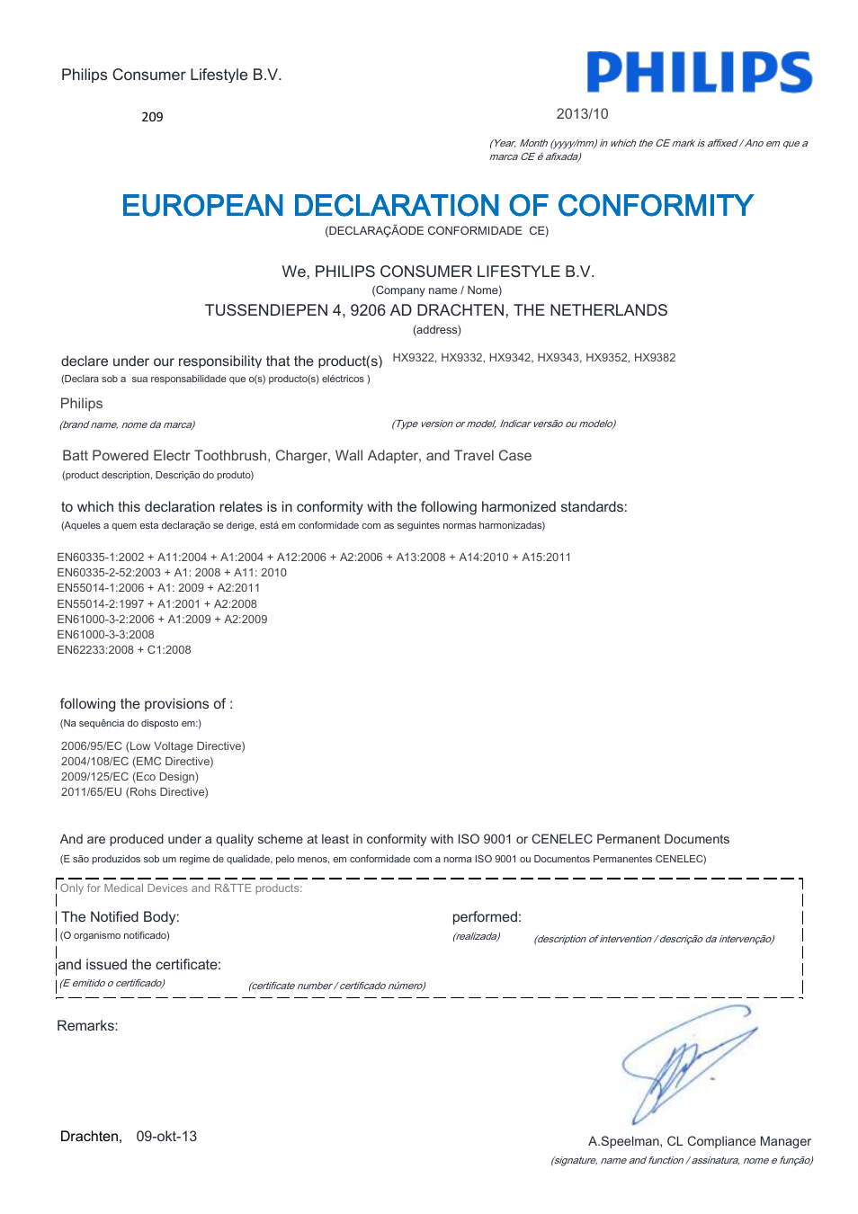 European declaration of conformity | Philips Sonicare DiamondClean Rechargeable sonic toothbrush HX9352-04 5 modes 2 brush heads Glass charger travel case Limited Black Edition User Manual | Page 14 / 22