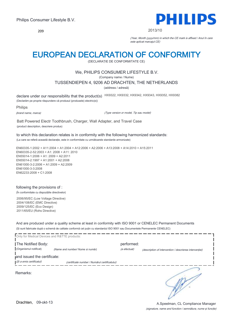 European declaration of conformity | Philips Sonicare DiamondClean Rechargeable sonic toothbrush HX9352-04 5 modes 2 brush heads Glass charger travel case Limited Black Edition User Manual | Page 15 / 22