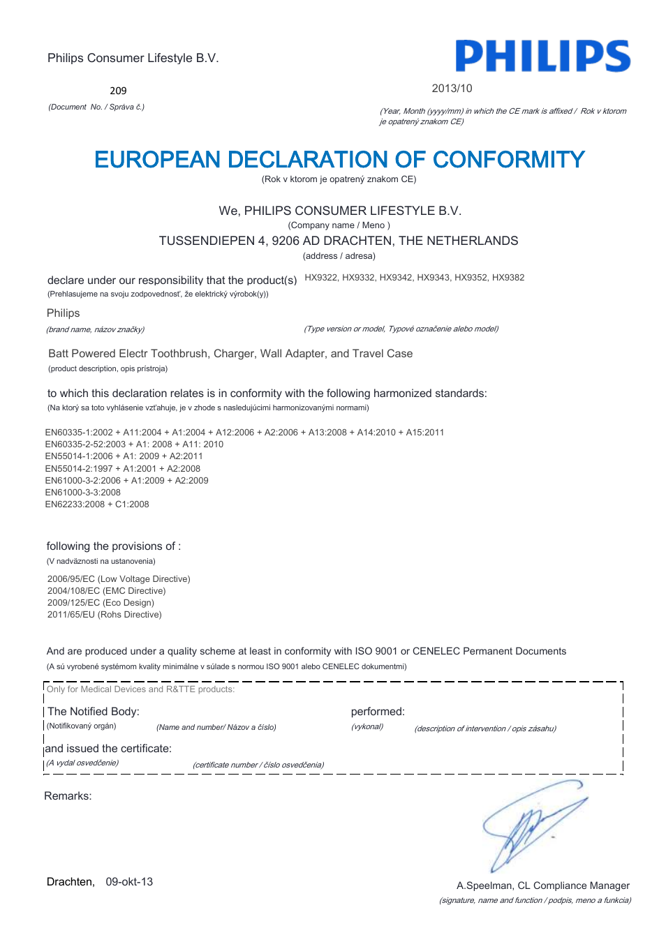 European declaration of conformity | Philips Sonicare DiamondClean Rechargeable sonic toothbrush HX9352-04 5 modes 2 brush heads Glass charger travel case Limited Black Edition User Manual | Page 17 / 22