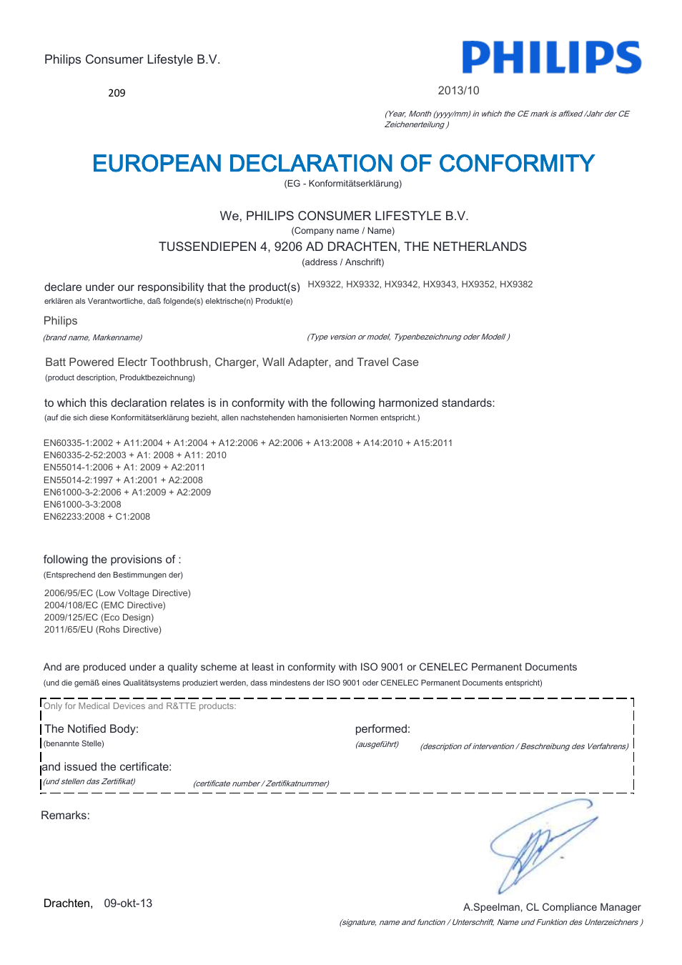 European declaration of conformity | Philips Sonicare DiamondClean Rechargeable sonic toothbrush HX9352-04 5 modes 2 brush heads Glass charger travel case Limited Black Edition User Manual | Page 2 / 22