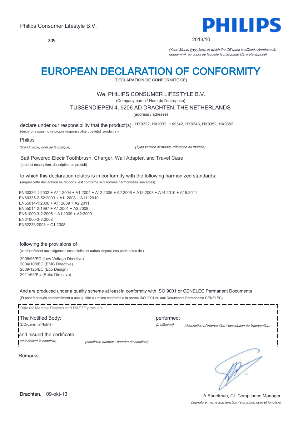 European declaration of conformity | Philips Sonicare DiamondClean Rechargeable sonic toothbrush HX9352-04 5 modes 2 brush heads Glass charger travel case Limited Black Edition User Manual | Page 3 / 22