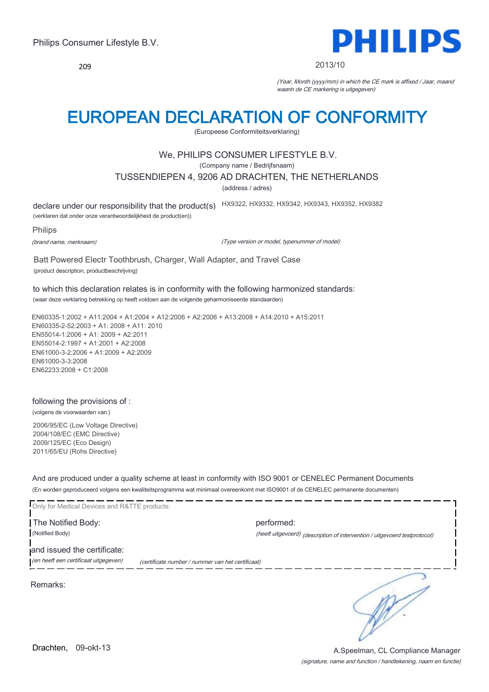 European declaration of conformity | Philips Sonicare DiamondClean Rechargeable sonic toothbrush HX9352-04 5 modes 2 brush heads Glass charger travel case Limited Black Edition User Manual | Page 4 / 22