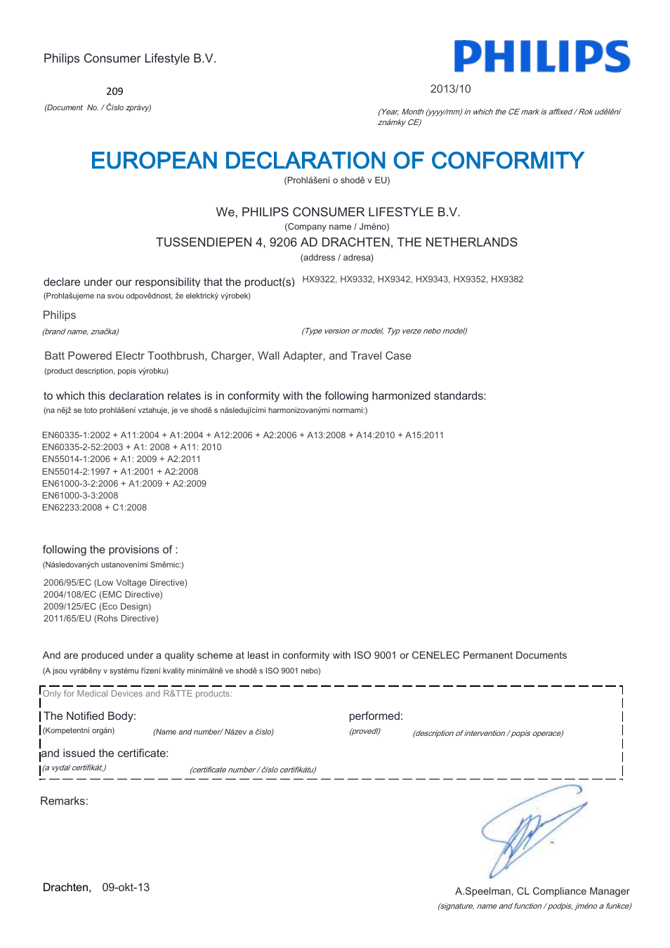 European declaration of conformity | Philips Sonicare DiamondClean Rechargeable sonic toothbrush HX9352-04 5 modes 2 brush heads Glass charger travel case Limited Black Edition User Manual | Page 5 / 22