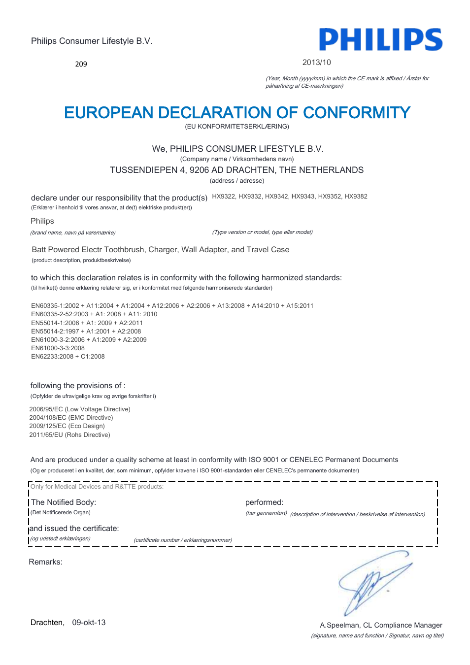 European declaration of conformity | Philips Sonicare DiamondClean Rechargeable sonic toothbrush HX9352-04 5 modes 2 brush heads Glass charger travel case Limited Black Edition User Manual | Page 6 / 22