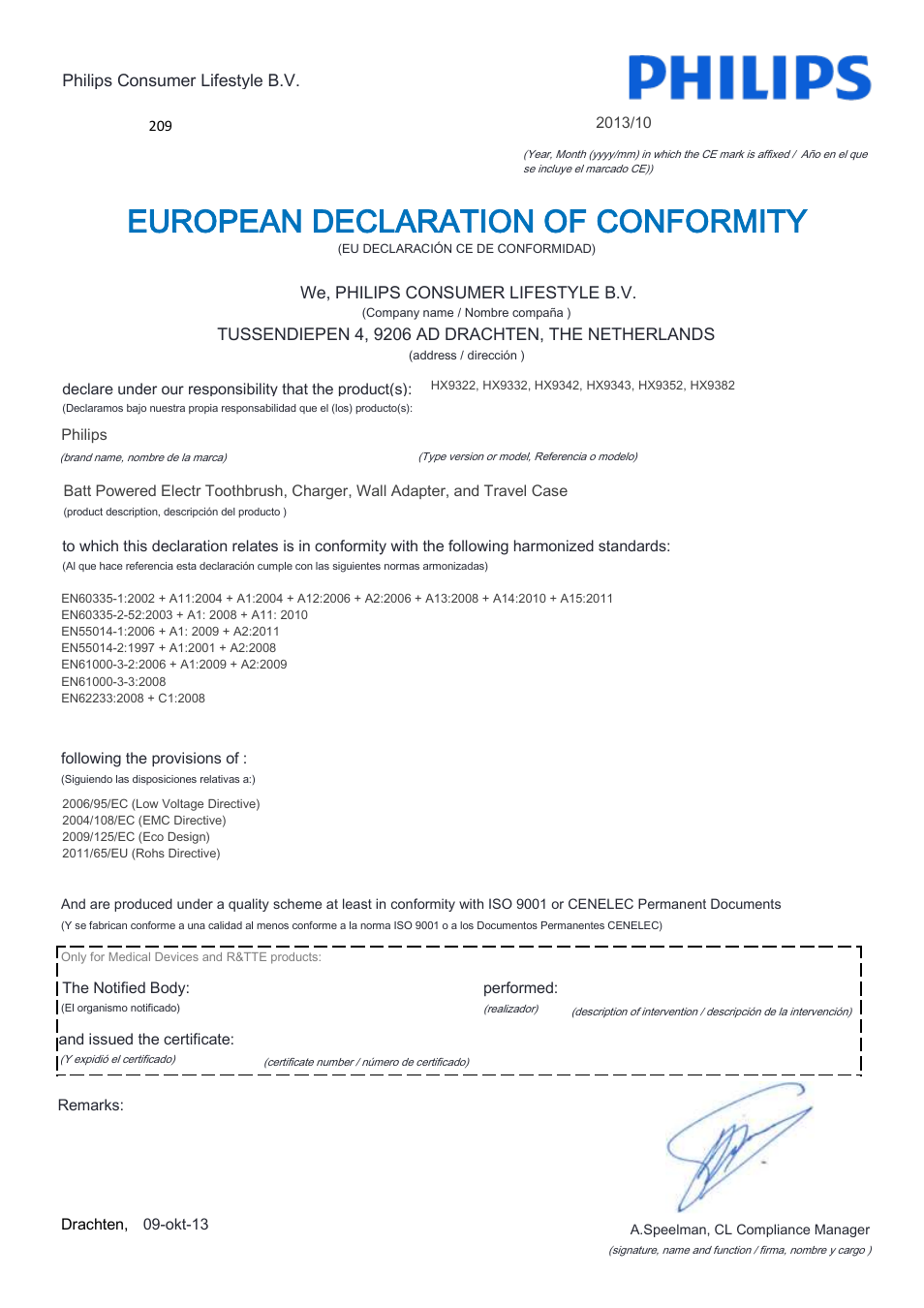 European declaration of conformity | Philips Sonicare DiamondClean Rechargeable sonic toothbrush HX9352-04 5 modes 2 brush heads Glass charger travel case Limited Black Edition User Manual | Page 7 / 22