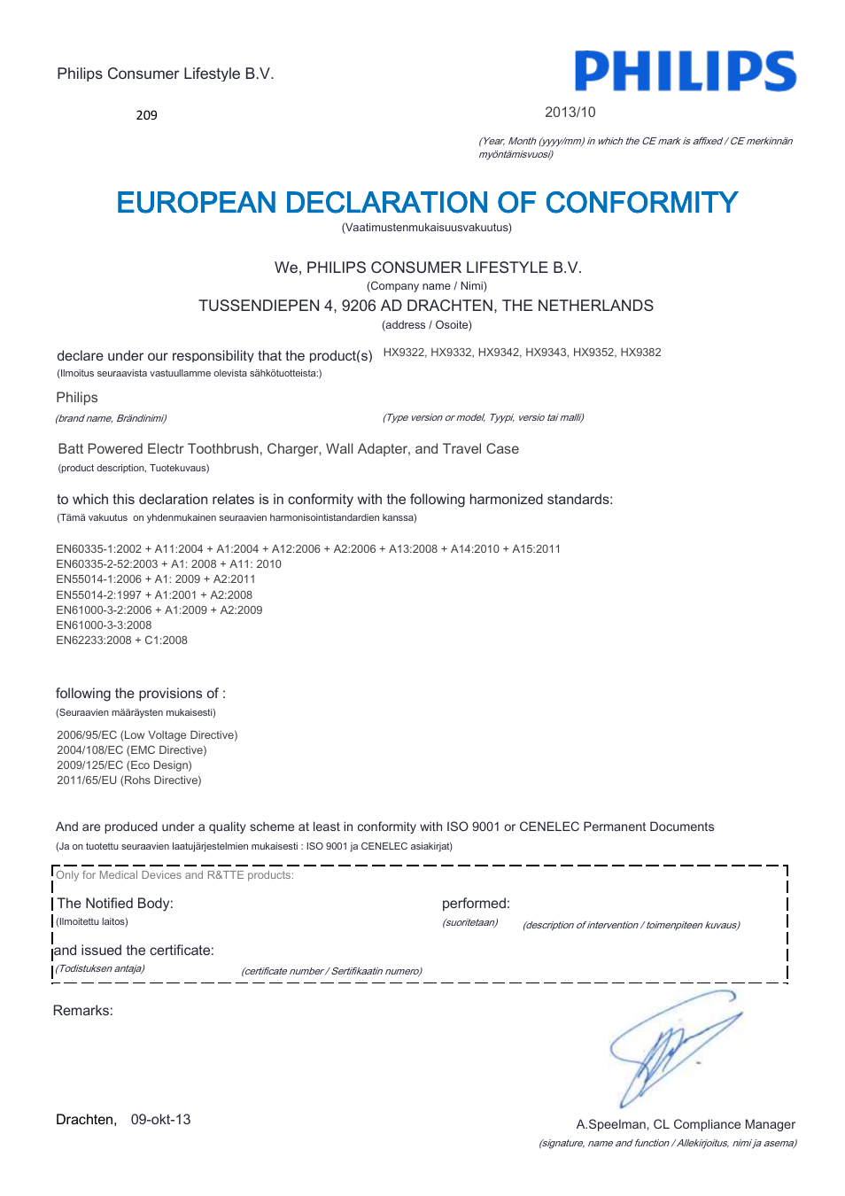 European declaration of conformity | Philips Sonicare DiamondClean Rechargeable sonic toothbrush HX9352-04 5 modes 2 brush heads Glass charger travel case Limited Black Edition User Manual | Page 8 / 22