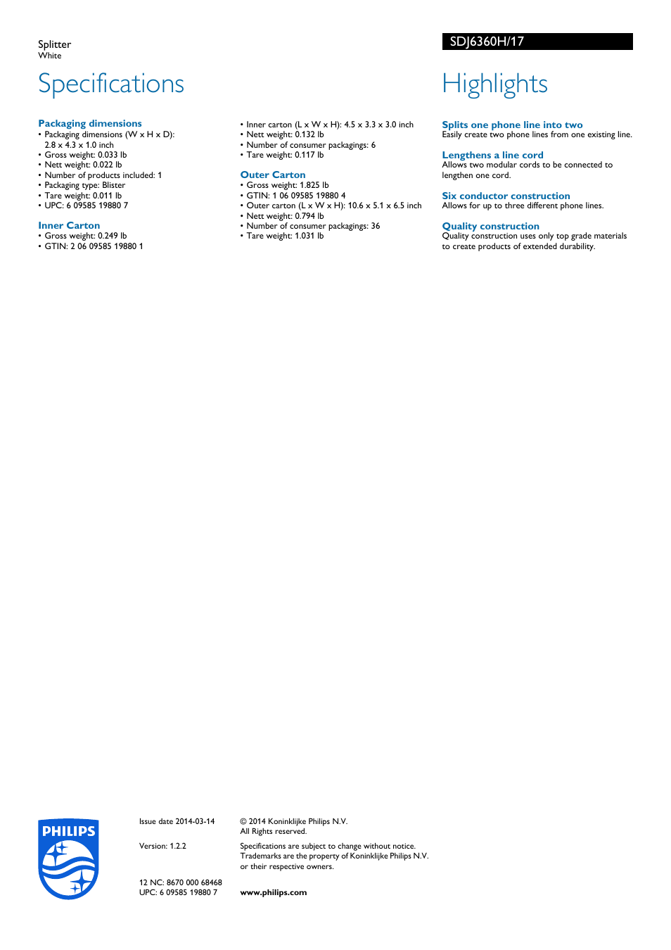 Specifications, Highlights | Philips SDJ6360H-17 User Manual | Page 2 / 2