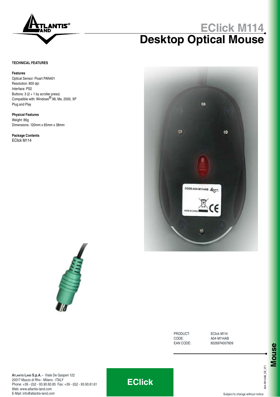 Eclick m114 desktop optical mouse, Eclick, Mouse | Atlantis Land A04-M114AB User Manual | Page 2 / 2