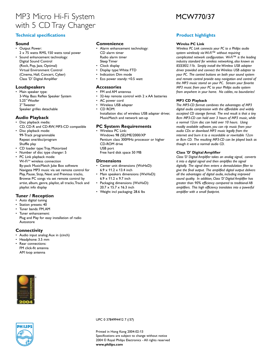 Mp3 micro hi-fi system with 5 cd tray changer | Philips MCW770-37 User Manual | Page 2 / 2