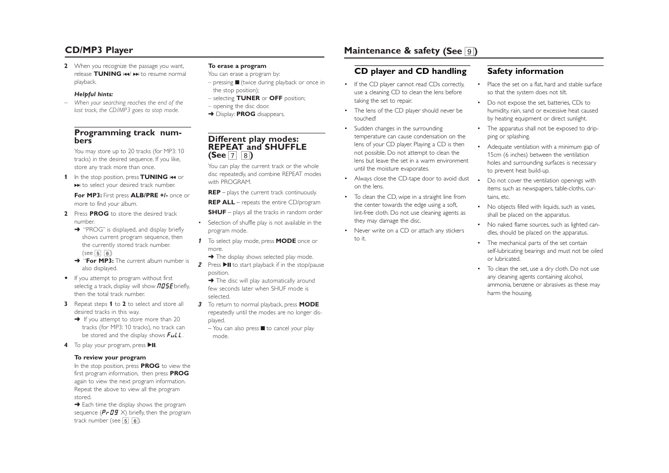 Cd/mp3 player, Maintenance & safety (see 9 ) | Philips AZ1308-37B User Manual | Page 6 / 8