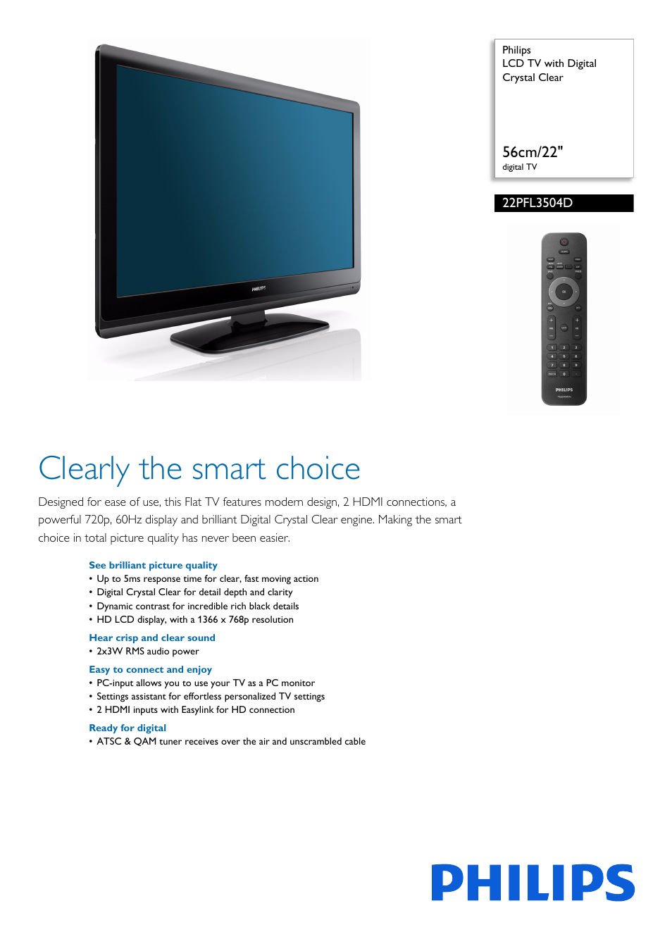 Philips LCD TV 22PFL3504D 56cm-22" digital TV with Digital Crystal Clear User Manual | 3 pages