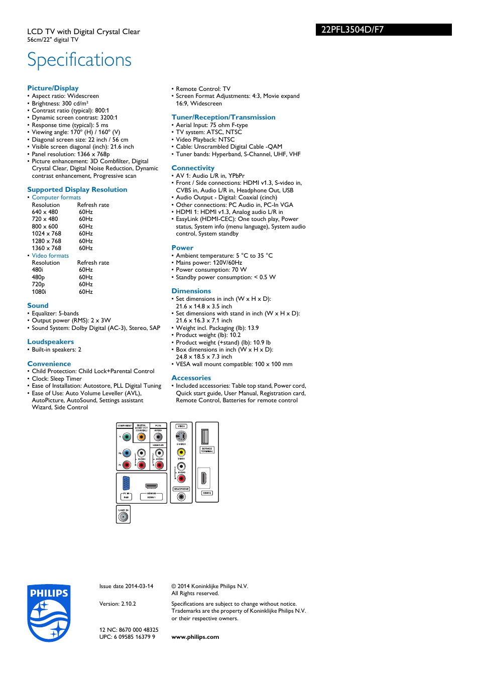 Specifications | Philips LCD TV 22PFL3504D 56cm-22" digital TV with Digital Crystal Clear User Manual | Page 3 / 3