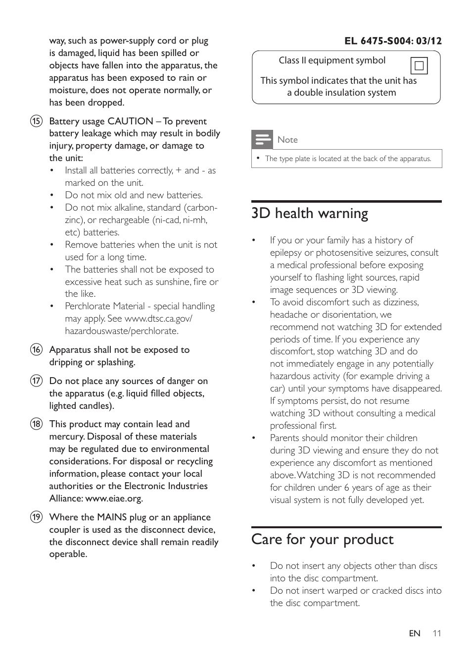 Video, audio and picture options, Video options, 3d health warning | Care for your product | Philips BDP2185-F7 User Manual | Page 11 / 32