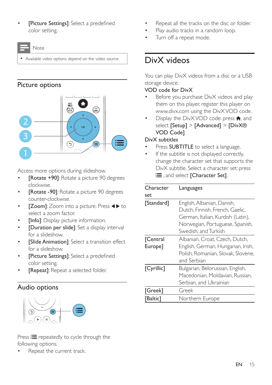 Control your player, Browse pc through dlna, Use philips easylink | Divx videos | Philips BDP2185-F7 User Manual | Page 15 / 32