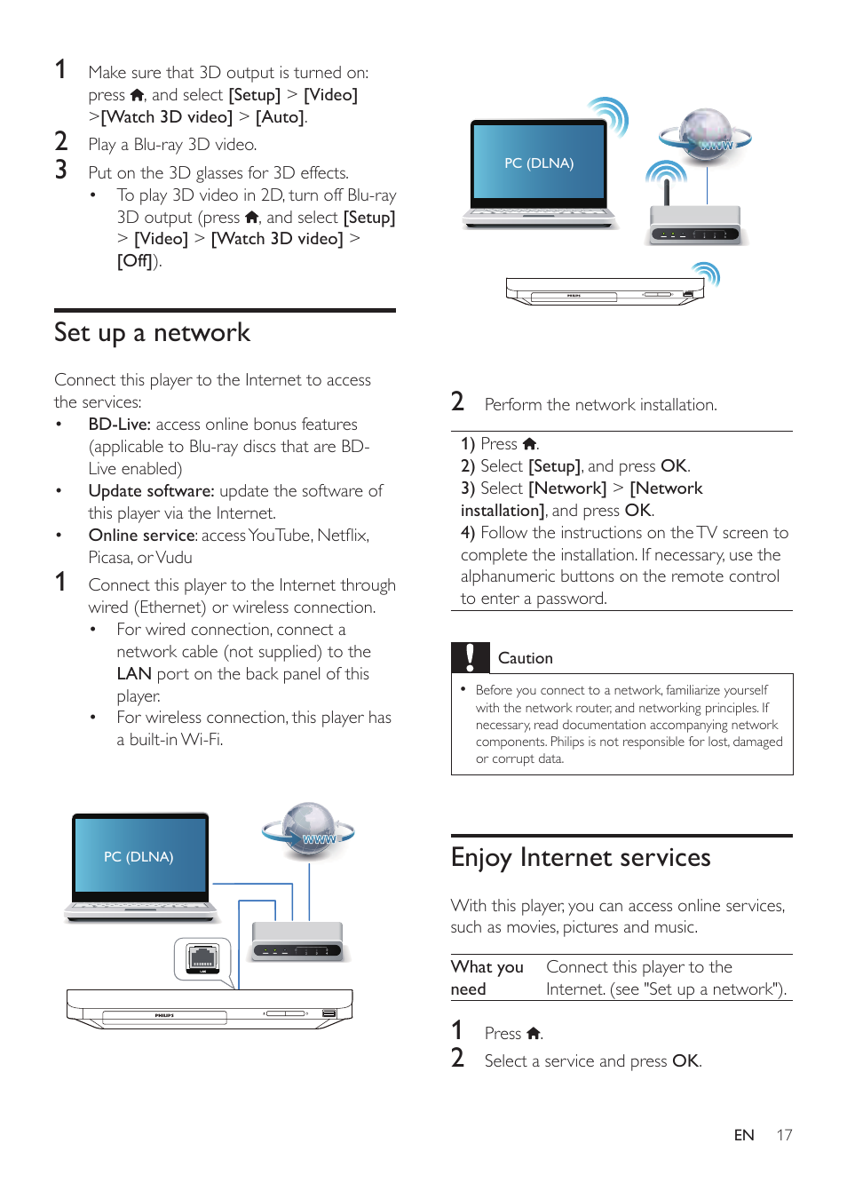 3 change settings, Picture, Sound | Network (installation, status...), Set up a network, Enjoy internet services | Philips BDP2185-F7 User Manual | Page 17 / 32