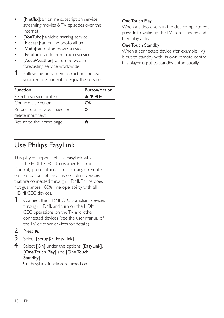 Preference (languages, parental control...), Advanced options (clear memory...), Use philips easylink | Philips BDP2185-F7 User Manual | Page 18 / 32