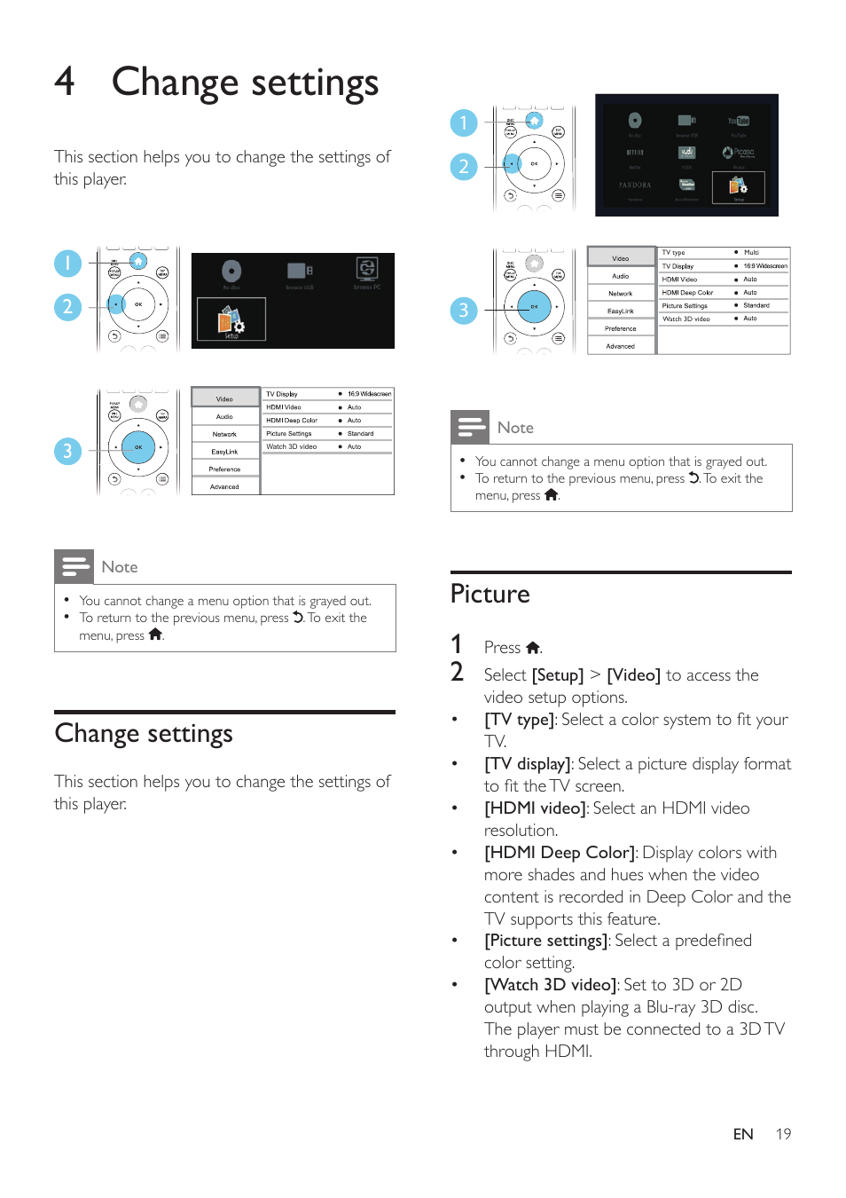 4 change settings, Change settings, Picture | Philips BDP2185-F7 User Manual | Page 19 / 32