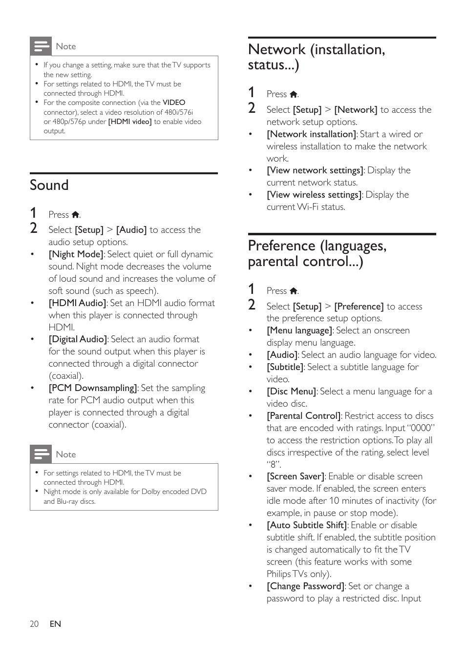 4 update software, Update software via the internet, Update software via usb | Sound, Network (installation, status...), Preference (languages, parental control...), Preference (languages, parental, Control...), Sound 1, Network (installation, status...) 1 | Philips BDP2185-F7 User Manual | Page 20 / 32