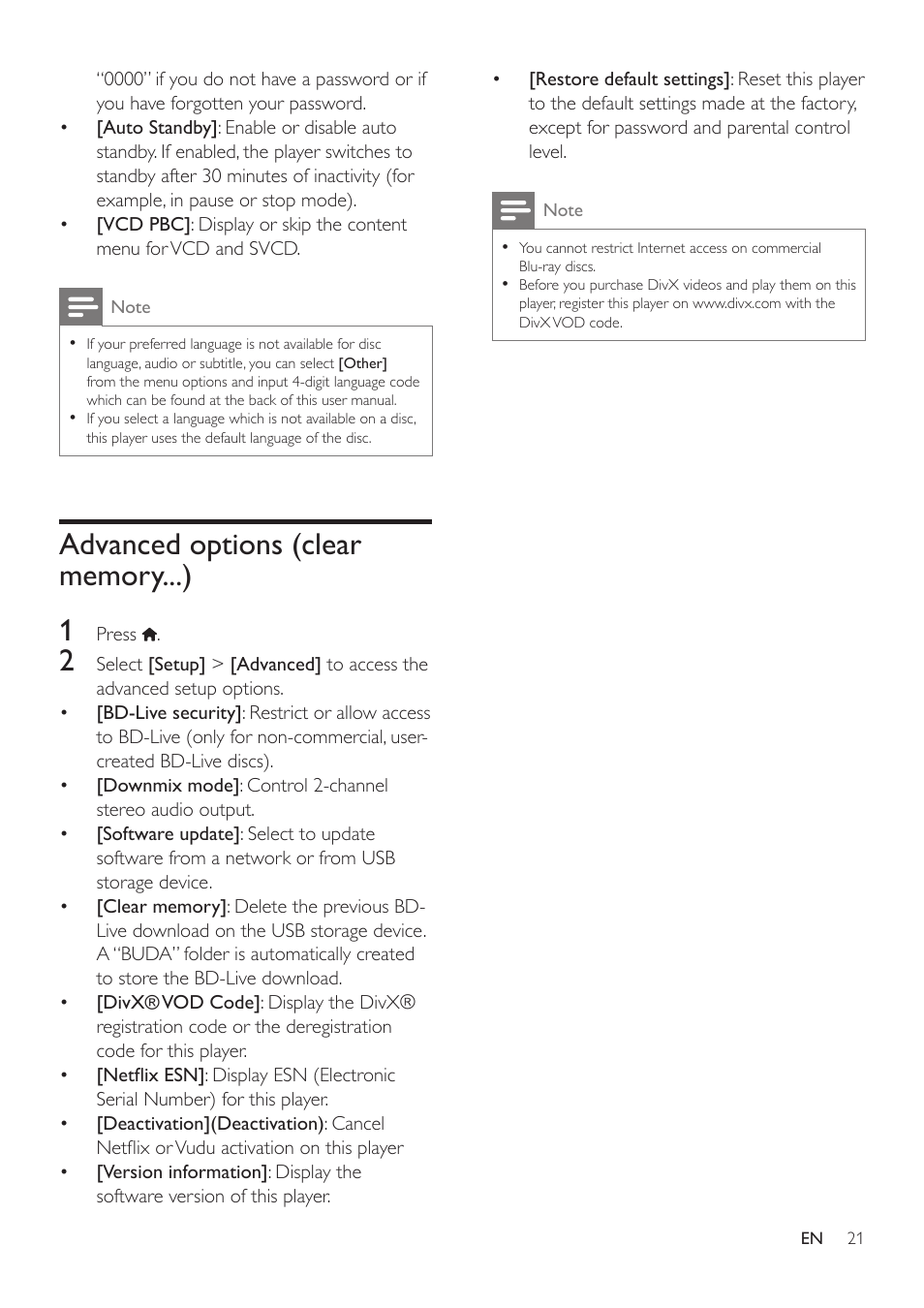 5 specifications, Advanced options (clear memory...) | Philips BDP2185-F7 User Manual | Page 21 / 32