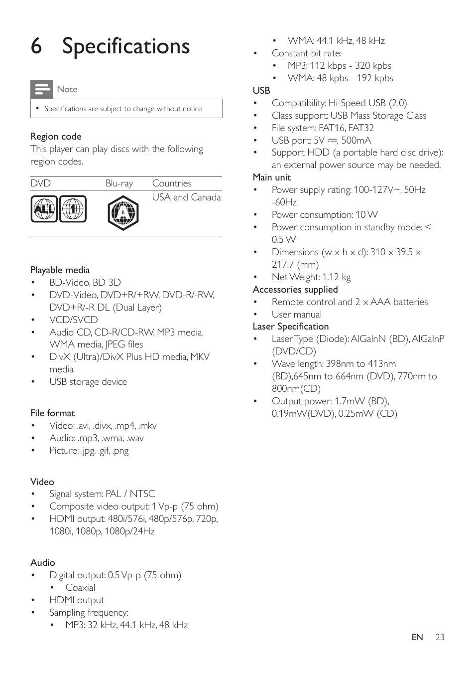 Play, Network, 6 specifications | Philips BDP2185-F7 User Manual | Page 23 / 32