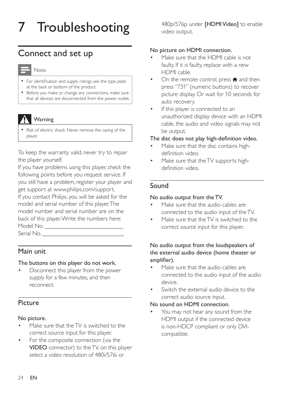 7 safety and important notice, Safety, 7 troubleshooting | Connect and set up, Main unit, Picture, Sound | Philips BDP2185-F7 User Manual | Page 24 / 32