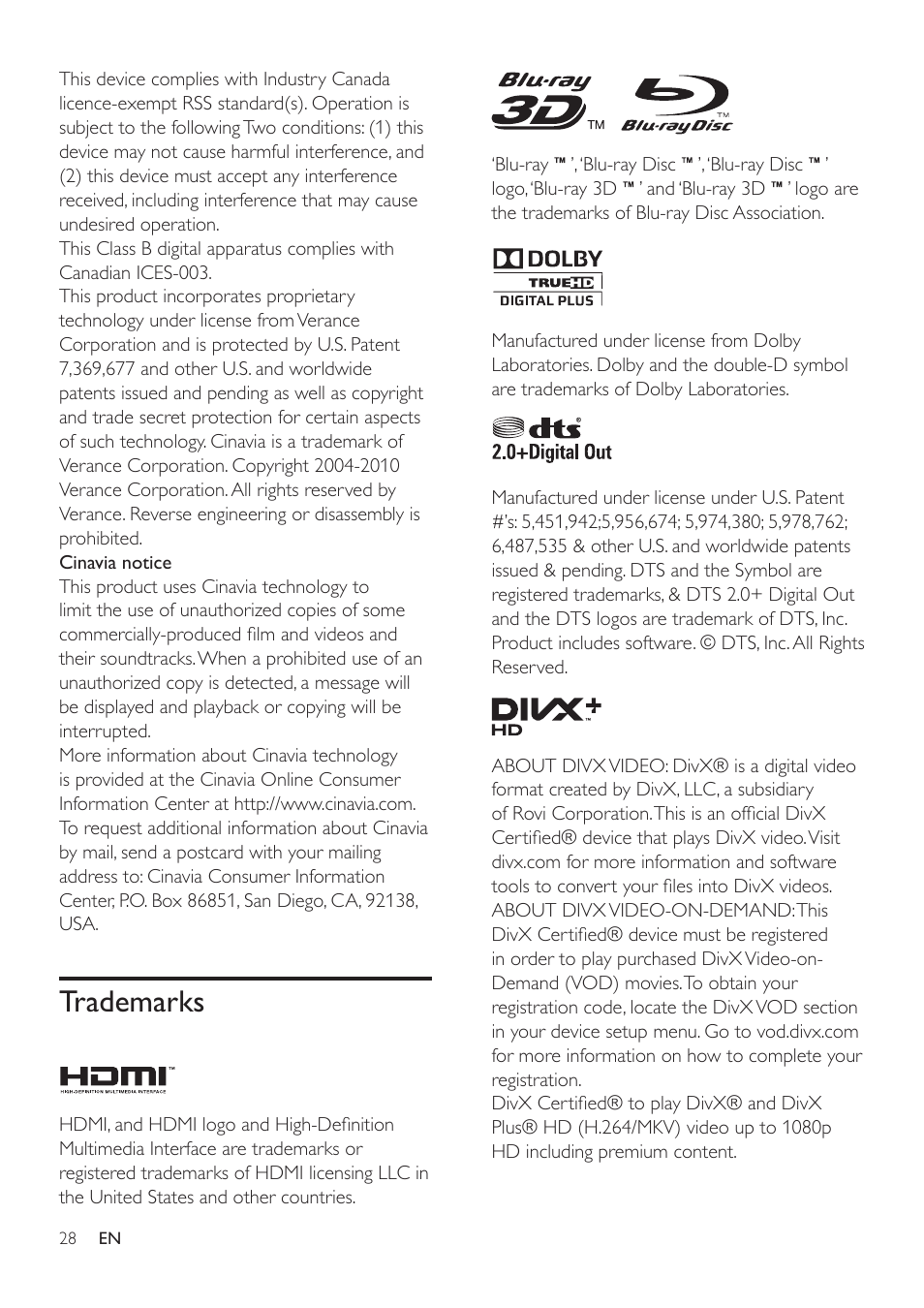 Trademarks | Philips BDP2185-F7 User Manual | Page 28 / 32