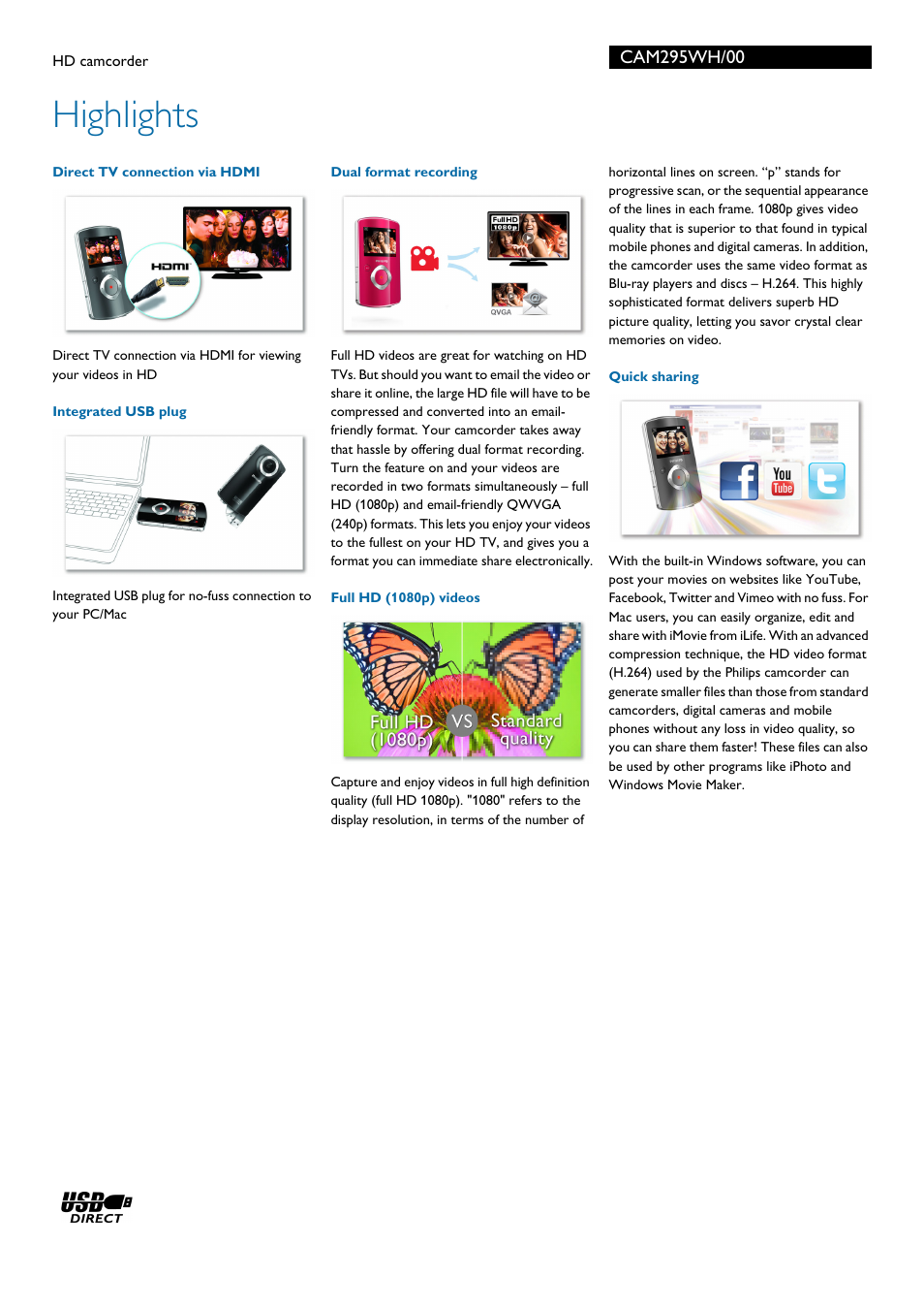 Highlights | Philips HD camcorder CAM295WH User Manual | Page 2 / 3