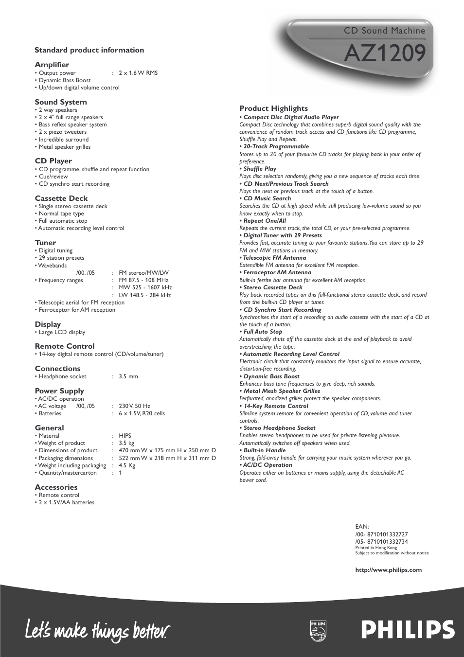 Az1209, Cd sound machine | Philips AZ1209-17 User Manual | Page 2 / 2