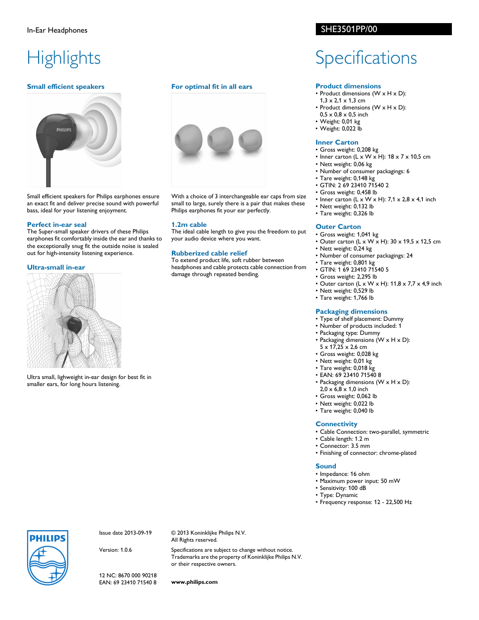 Highlights, Specifications | Philips SHE3501PP-00 User Manual | Page 2 / 2