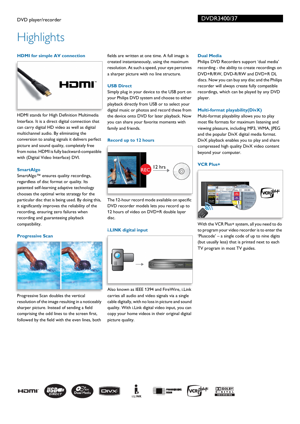 Highlights | Philips DVDR3400-37B User Manual | Page 2 / 3