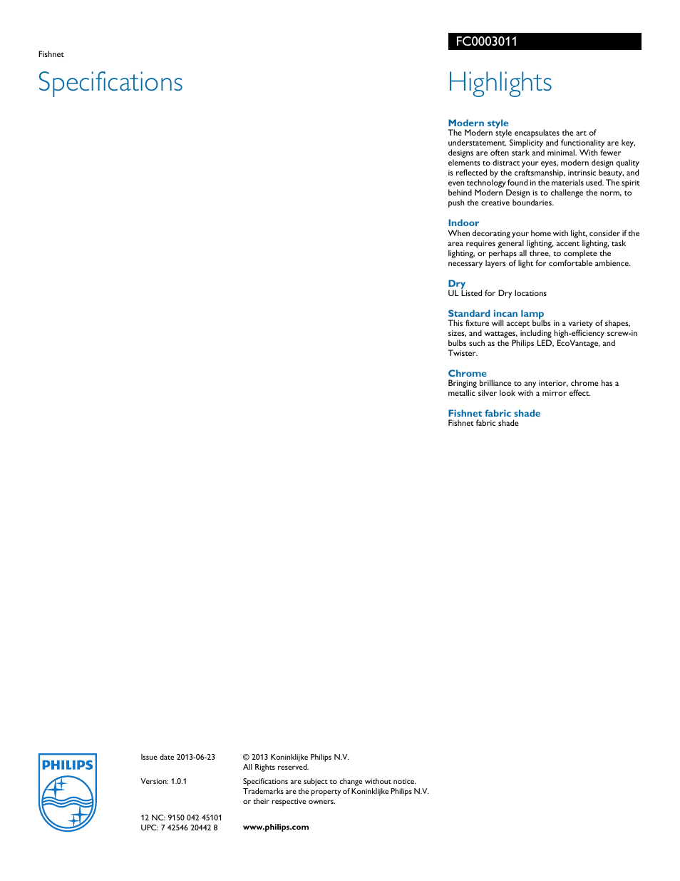 Specifications, Highlights | Philips FC0003011 User Manual | Page 2 / 2